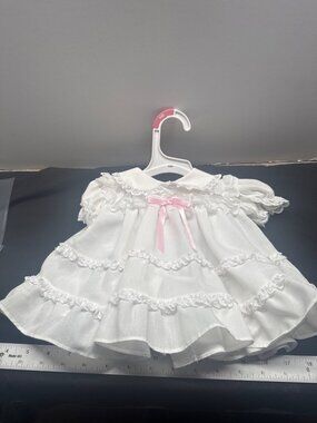 Little Precious Croquette Baby Dress White Lace Tiered Skirt Pink Bow Newborn 3-